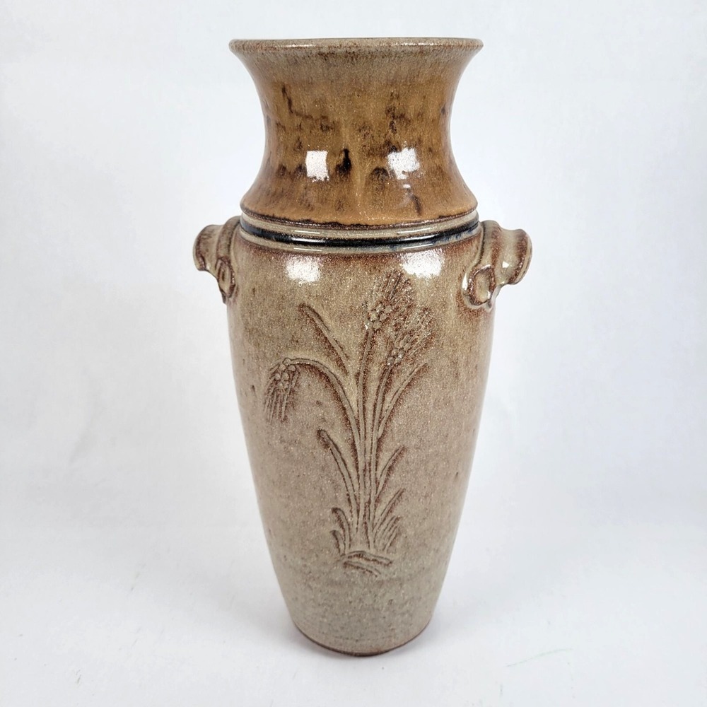 Vtg Studio Pottery Vase Drip Glaze Handles Wheat Richard Dick Lien Signed 11.5"